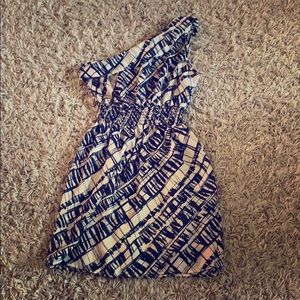 Blue and white patterned one shoulder dress